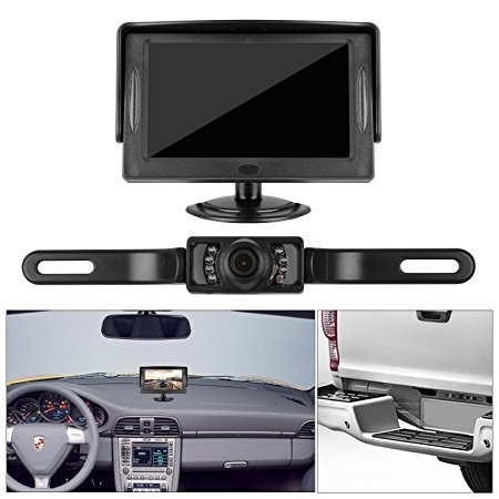 iStrong Backup Camera and Monitor Kit 4.3 Display Waterproof Camera only need single power Rear view or Fulltime View Optional For Car Vehicle 7 LED IR Night vision with Guide Lines