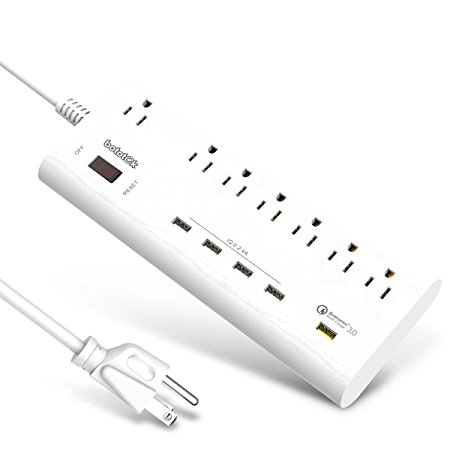 Bototek QC 3.0 power strip with 7 AC Outlets, 5 smart USB Charging ports (1 Qualcomm Quick Charge 3.0 Included) and 6ft Cord, for smart phones & tablets, White