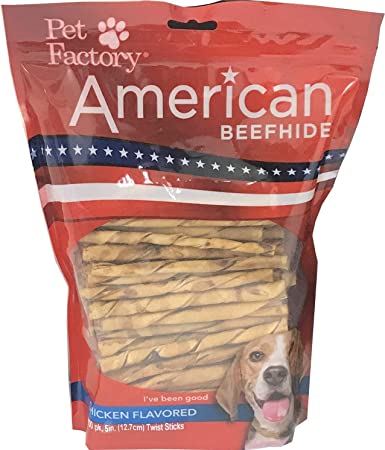 Pet Factory American Beefhide Chews 28159 Rawhide Chicken Flavor 5" Twist Sticks for Dogs. American Beefhide is a Great Source for Protein and Assists in Dental Health. 100 Pack, Resealable Package