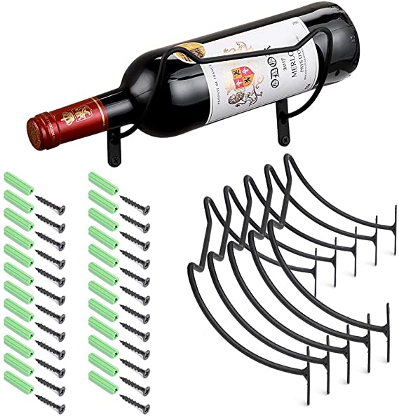 Hipiwe Pack of 6 Wine Rack Wall Mounted Wine Bottle Holder - Metal Red Wine Display Holder for Home Bar Decor Wall Hanging Beverages Liquor Bottles Storage Rack with Hardware