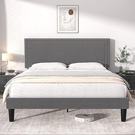 VECELO Queen Size Platform Bed Frame with Height Adjustable Upholstered Headboard, Modern Mattress Foundation,Strong Wood Slat Support, No Box Spring Needed, Easy Assembly