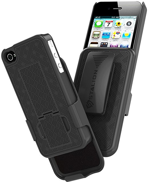 iPhone 4 4S Holster: Stalion Secure Shell Case & Belt Clilp Combo with Kickstand (Jet Black) 180° Degree Rotating Locking Swivel   Shockproof Protection