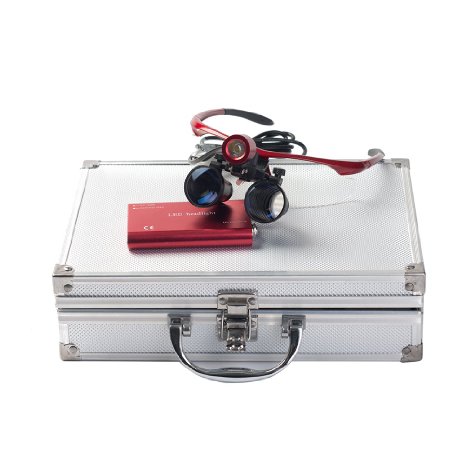 Easyinsmile New 3.5x 420mm Surgical Binocular Loupes  Head Light Lamp  Aluminum Box (red)