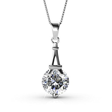 Cate & Chloe Isla 18k White Gold Swarovski Pendant Necklace, Best Silver Paris Eiffel Tower Necklace for Women, Girls, Ladies, Special-Occasion-Jewelry Round-Cut Swarovski Crystals 18" Chain Necklaces