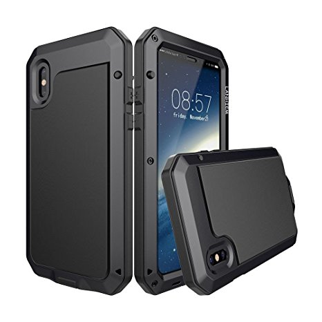iPhone X Case, Heavy Duty Shockproof Lanhiem [Tough Armour] [Full-Body] Dual Layer Metal   Rubber Case with Built in Glass Screen Protector, IPX4 Water Resistant Military Protection Cover for Apple iPhone X / 10, Wireless Charging Enabled -Black