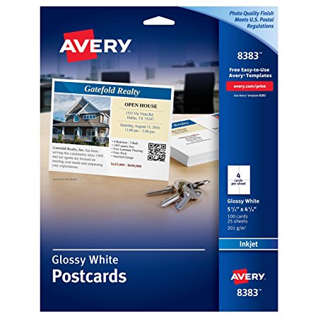 Avery Ink Jet Glossy Photo Quality Post Cards, 4-1/4" x 5-1/2", 100 per Pack (8383)