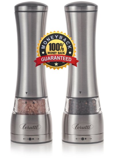 Lerutti Premium Stainless Steel Salt And Pepper Grinder Set With Adjustable Ceramic Rotor - Elegant Deluxe Manual Salt And Pepper Mill Shakers For Himalayan Salt, PepperCorn And Spices - Set Of 2
