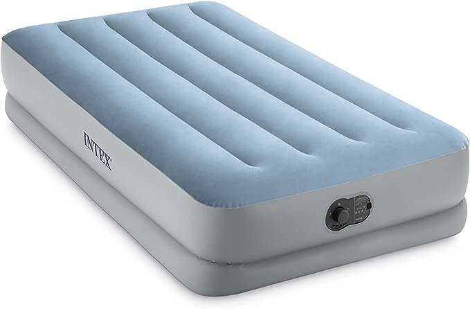 INTEX 64157E Dura-Beam Plus Mid-Rise Air Mattress: Fiber-Tech – Twin Size – Built-in USB Electric Pump – 14in Bed Height – 300lb Weight Capacity