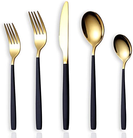 HOMQUEN 20-Piece Silverware Flatware Cutlery Set,Stainless Steel Utensils Service Set for 4,Mirror Finish,Dishwasher Safe (Shining Golden Spoon and Matt Black Handle)