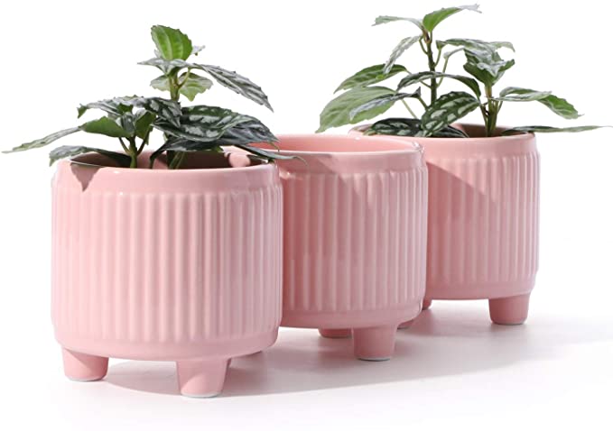 POTEY 056103 Ceamic Succulent Planter Pots - 3.75 Inch Indoor Small Planters Bonsai Container with Drainage Hole & 3 Legs for Plants Succulent Cactus Flowers (Set of 3 Shiny Pink, Plant NOT Included)