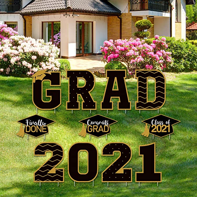 Tatuo 11 Pieces Graduation Yard Sign Decorations Congrats Graduation Lawn Signs 2021 Grad Yard Signs with 23 Stakes for Outdoor Congrats Graduation Party Decoration Supplies (Black and Gold)