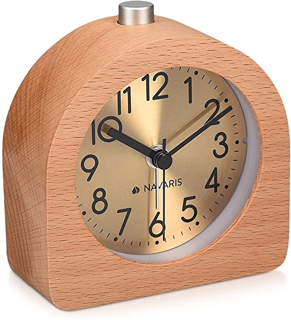 Navaris Wood Analog Alarm Clock - Half-Round Gold Face Battery-Operated Non-Ticking Clock with Snooze Button and Light - Light Brown