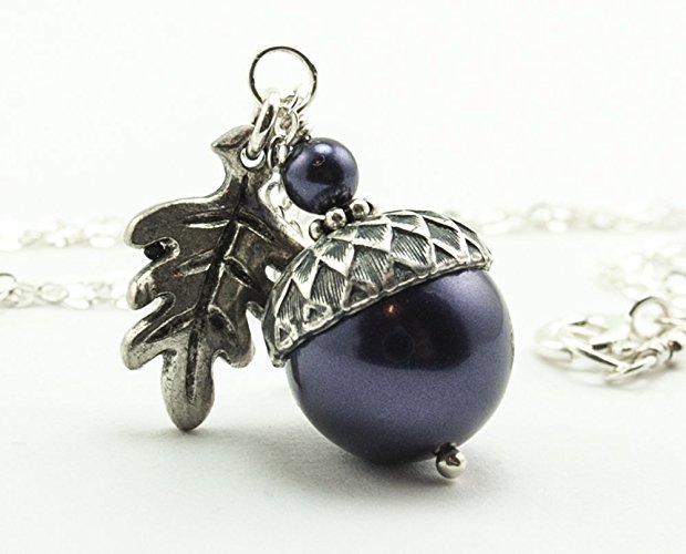 Acorn Necklace with Oak Leaf and Swarovski Simulated Pearl, Dark Purple, 18"