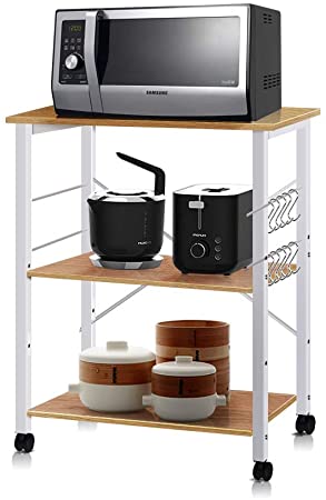 AZ L1 Life Concept 3-Tier Utility Microwave Oven Stand Movable Cart Workstation Shelf, 23.7inch, Light Beige Top White Metal Frame