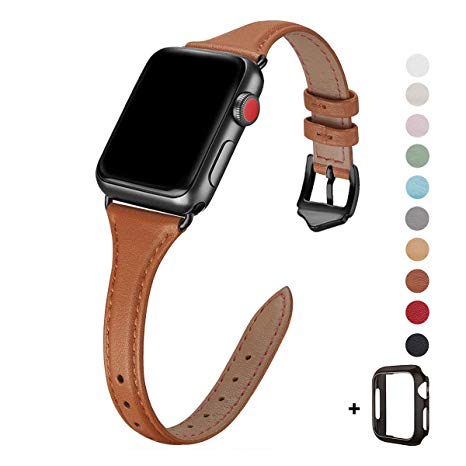 WFEAGL Leather Bands Compatible with Apple Watch 38mm 40mm 42mm 44mm, Top Grain Leather Band Slim & Thin Replacement Wristband for iWatch Series 5/4/3/2/1 (Brown Band Black Adapter, 42mm 44mm)