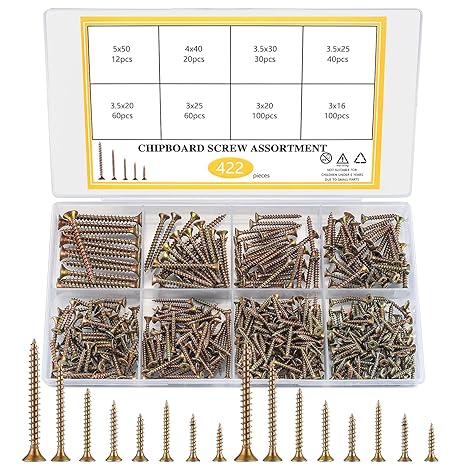 Set di Viti Autofilettanti, 422 Pz. Assortimento Viti a Testa Svasata, Viti per Legno, per Cemento, Viti a Testa Piana, per Cartongesso ideale per Cerniere di Porte, Riparazioni, Progetti Fai-Da-Te