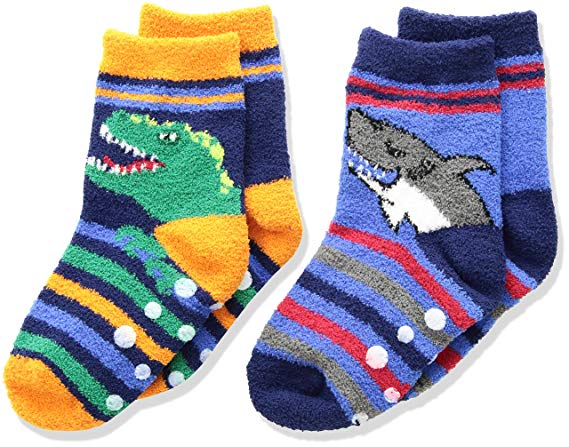 Jefferies Socks Boys' Little Dinosaur and Shark Fuzzy Non-Skid Slipper Socks 2 Pair Pack