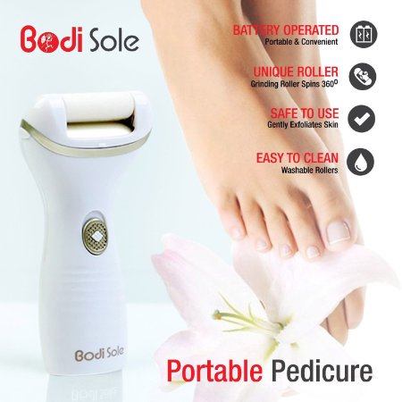 Electric Pedicure Foot File Callus Remover Tool for Dry Cracked Feet and Heels - Convenient Portable Pedicure Kit Battery Operated Foot Care Set - Easy to Clean and Safe to Use - Unique Foot File Shaver By Bodi Sole - White
