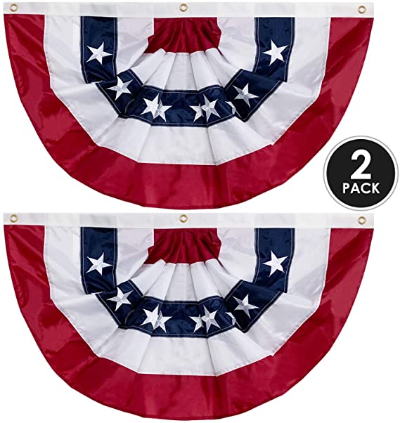 58"x27" USA Patriotic Nylon Bunting Pleated Flag, 2 Sided, Embroidered Stars, Sewn Stripes, Grommets- July 4th American Flag Decor Outdoor Use- Inside Outside Porch Rail or Window Decoration (2 Pack)