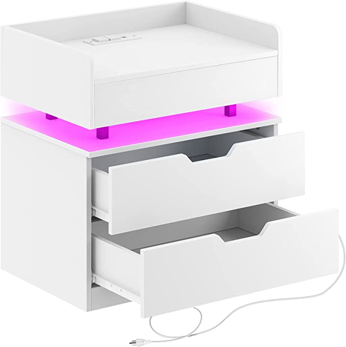 Rolanstar Nightstand with Charging Station and LED Lights, Modern End Side Table with 2 Drawers, Large Capacity of Storage Cabinet and Shelf, Suitable for Bedroom, White