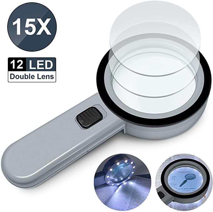 Magnifying Glass with Light 15X, Handheld Large Magnifying Glass with 12 LED Light Illuminated Magnifying Glass for Reading,Hobbies,Coins,Jewellers,Craft, Perfect for Seniors Macular Degeneration Use