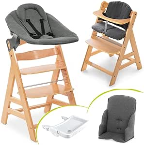 hauck Chaise Haute Bébé Alpha XXL Évolutive dès Naissance - Transat Inclinable Premium avec Harnais 5 Points, Tablette Repas, Réducteur, Coussin d’Assise - Naturel