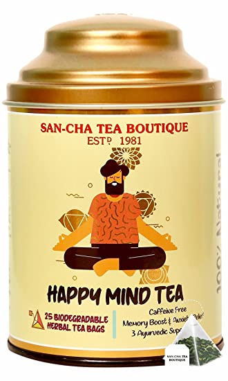 Sancha Tea Boutique Happy Mind Tea, Caffeine Free Herbal Tea, (Pack of 25) Pyramid Tea Bags, Plastic Free Tea Bags, All Natural Herbs for an Alert Mind, Indian Ginseng Tea