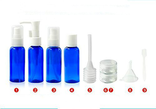Travel Bottle Set, 9 Piece Small Travel Size Cosmetic Toiletries Liquid Containers Leak Proof, Empty Perfum Atomizer Jar Spray Pump Cream Shampoo Foam Makeup Accessories Kit (Blue)