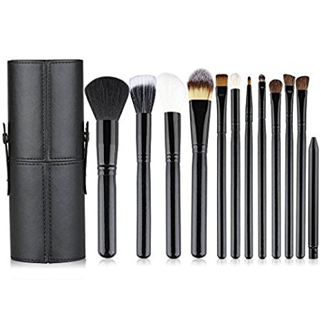 KLAREN Professional 12 PCS Cosmetic Makeup Brush Set With Leather Cup Holder Black