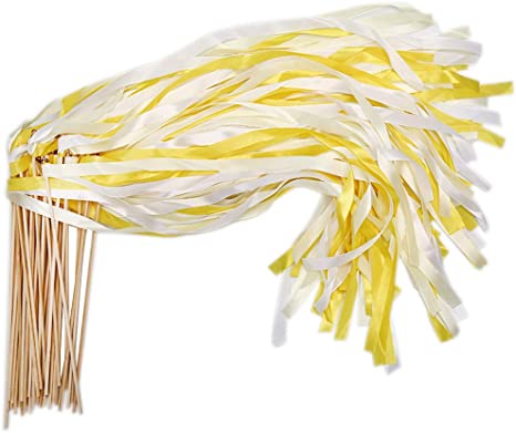 40 Pack Ribbon Wands - MeiMeiDa Yellow Ribbon Fairy Wands with Bell and Smooth Wood Sticks, Chromatic Silk Waving Party Streamers for Wedding Best Wishes, Kids Birthday Props, Dance Party Favors