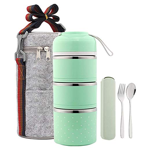 YBOBK HOME Bento Lunch Box Leakproof Stainless Steel Stackable Lunch Box with Bag and Reusable Flatware Set Thermal Food Storage Container for Healthy On-the-Go Meal and Snack Packing (3-Tier, Green)
