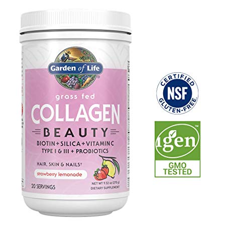Garden of Life Grass Fed Collagen Beauty Powder for Hair Skin & Nails - Strawberry Lemonade, 20 Servings - 12g Type I & III Peptides, Biotin, Silica, Vitamin C, Probiotics - Gluten Free, Keto & Paleo