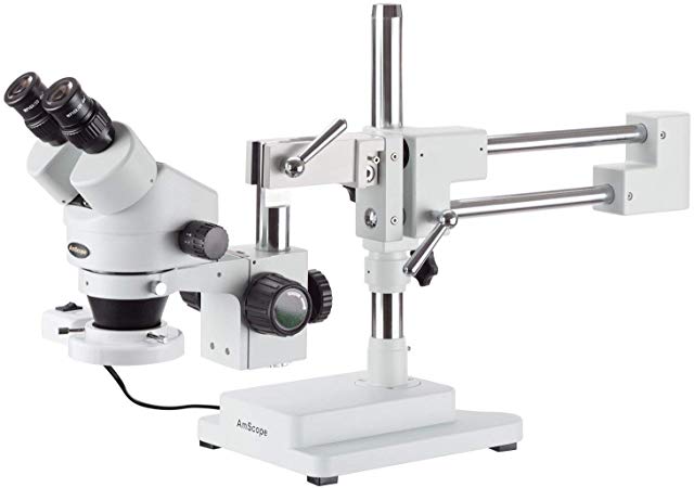 AmScope SM-4BZ-FRL Professional Binocular Stereo Zoom Microscope, WH10x Eyepieces, 3.5X-90X Magnification, 0.7X-4.5X Zoom Objective, 8W Fluorescent Ring Light, Double-Arm Boom Stand, 110V-120V, Includes 0.5x and 2.0x Barlow Lenses