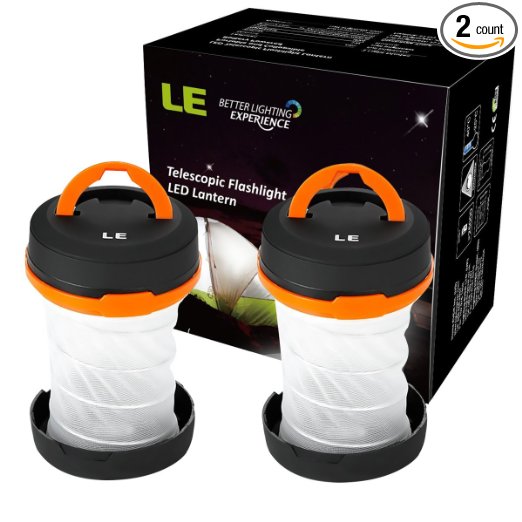 LE 2 Pack Outdoor LED Camping Lantern, Flashlight, Collapsible, Dual Purpose, 3 Modes, Battery Powered, Water Resistant, Home, Garden Lanterns for Hiking, Emergencies, Outages