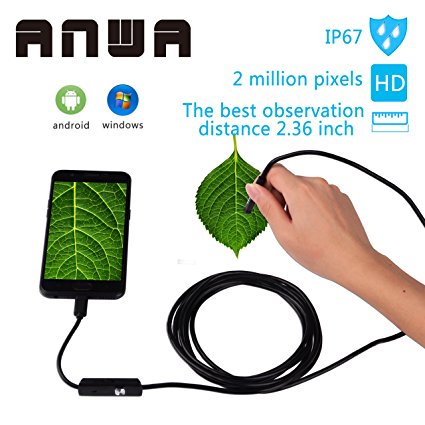 USB Endoscope, ANWA Waterproof HD 2 in 1 for Android and Windows, USB Borescope inspection camera snake 2.0 Mpx 6 Adjustable LED (10FT/3M)