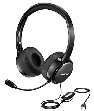 Mpow Upgraded USB Headset with 3.5mm Jack, Lightweight Computer Headset with Noise Cancelling Microphone, Comfy Earmuffs, Wired Headphones for PC, Skype, Phone
