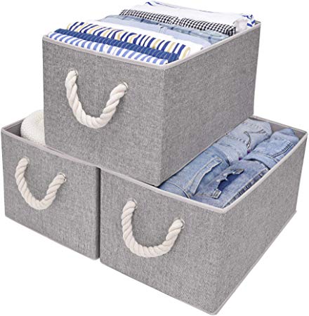 StorageWorks Cotton Storage Bins with Cotton Rope Handles, Closet Bin, Rectangle, Gray, 3-Pack, Jumbo