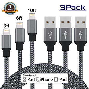 Lightning Cable, Sundix iPhone Charger 3Pack 3FT 6FT 10FT USB Cable Cord Compatible with iPhone X 8 8Plus 7 7Plus 6s 6sPlus 6 6Plus SE 5 5s 5c iPad iPod & More (Black)