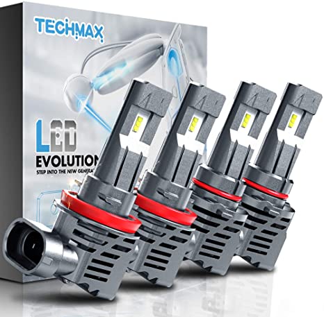 TECHMAX H11/H8/H9 9005/HB3 LED Bulbs, Small Design 60W 6500K Xenon White ZES Chips Extremely Bright Conversion Kit of 4 Halogen Replacement