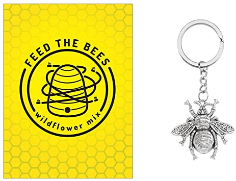 Feed The Bees Pollinator Wildflower Mix Seed Packets - Already Filled - Pack of 20 plus silver colored bee keychain