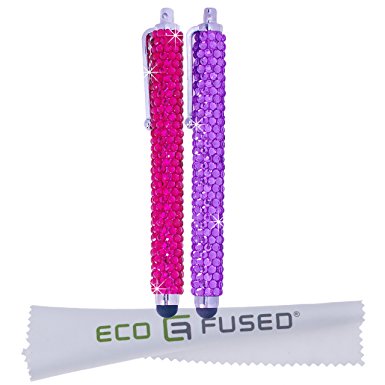 Eco-Fused Universal Bling Stylus Pens - Two Long Gem Covered Stylus Pens Compatible with All Capacitive Touchscreen Devices (All iPhone, Samsung, iPad, Android Phones and Tablets) / Microfiber Cleaning Cloth