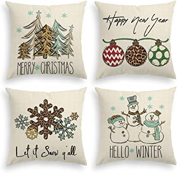AVOIN Christmas Watercolor Leopard Christmas Tree Ornaments Snowman Snowflake Throw Pillow Cover, 20 x 20 Inch Christmas Winter Holiday Cushion Case Decoration for Sofa Couch Set of 4