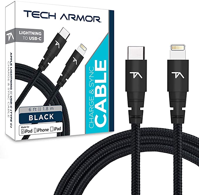 Tech Armor Apple MFi Certified 6 FT USB C to Lightning Sync/Charge Cable Compatible with iPhone, iPad, MacBook and iPod, Supports Fast Charge (with Type C Chargers), Black [1 - Pack]