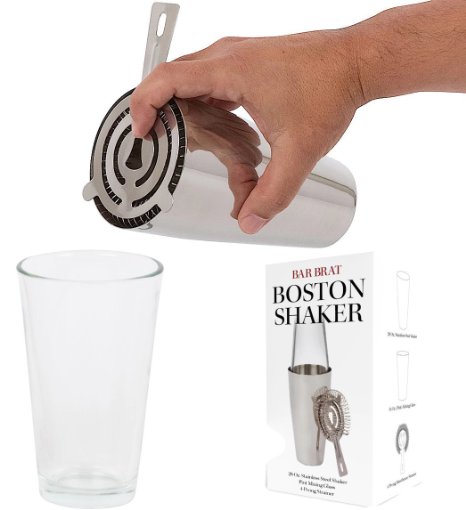 Premium Boston Shaker by Bar Brat / 3 Piece Durable Martini Shaker Set / Pint Mixing Glass / Bonus Cocktail Strainer & 110 Cocktail Recipe (ebook) Included
