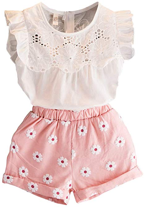 2PCS Set Toddler Kids Baby Girls Outfits Clothes T-Shirt Vest Tops Shorts Pants(2-6 T)