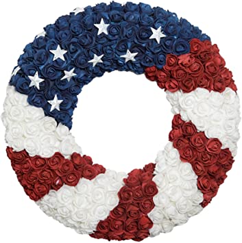 ranspac Silk Rose Americana Wreath, Patriotic Wreath 21 Inch Diameter, Roses and Stars, Red White and Blue 4th of July Decorating