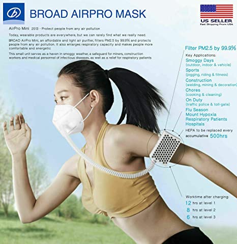 BROAD AirPro Mask Rechargeable Electrical Air Purifying Respirator with HEPA Filter