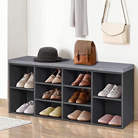 COSTWAY Shoe Storage Bench, 10 Compartments Shoe Organiser Seater Stand with Cushion, Hallway Entryway Bedroom Living Room Shoes Rack Stool, 104 x 30 x 48cm (Grey)