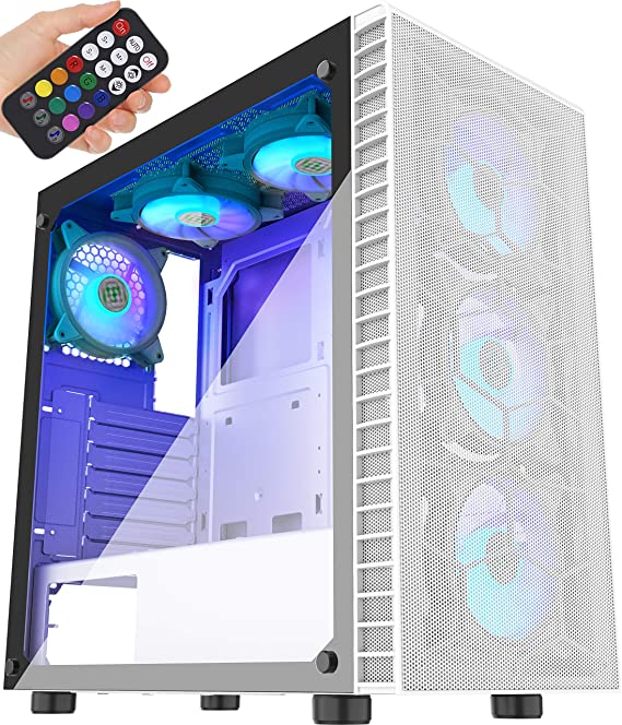 MUSETEX Mesh ATX Mid-Tower Computer Gaming Case with 6 PCS × 120mm LED ARGB Fans USB 3.0 Port Mesh Front Panel & Tempered Glass PC Chassis(G05MN6-BW)