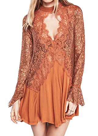 R.Vivimos Women Lace Sexy See Through Long Sleeve Short Dresses